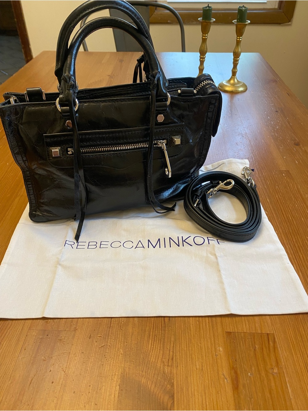 Rebecca Minkoff Black Patent Leather Micro Regan Satchel with Detachable Strap